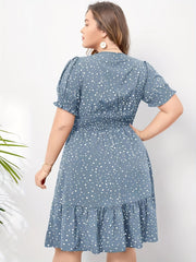 Plus Size Polka Dot Charm - Flattering Shirred Waist Dress with Ruffle Hem - Short Sleeve Surplice Neck for Spring & Summer Elegance - Womens Plus Size Fashion