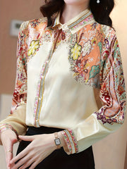 Floral Print Flat Collar Shirt, Vintage Long Sleeve Button Up Shirt For Spring & Fall, Women's Clothing