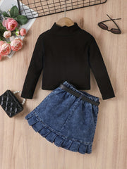 Girl's Trendy Outfit 2pcs, Mock Neck Ribbed Top & Belted Denim Skirt Set, Kid's Clothes For Spring Autumn