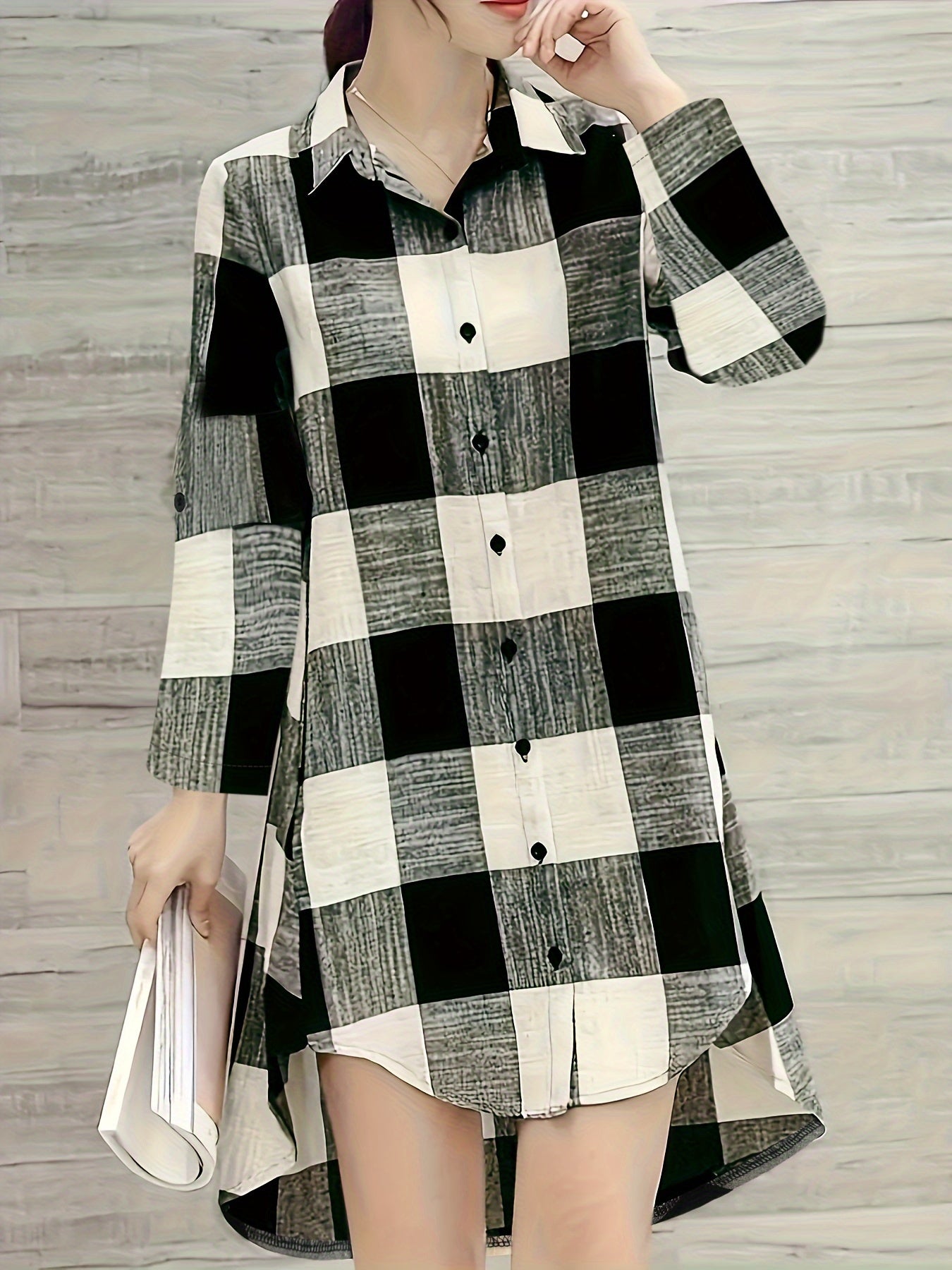 Plaid Print Button Front Shirt, Casual Lapel Neck Long Sleeve Long Shirt For Spring & Fall, Women's Clothing