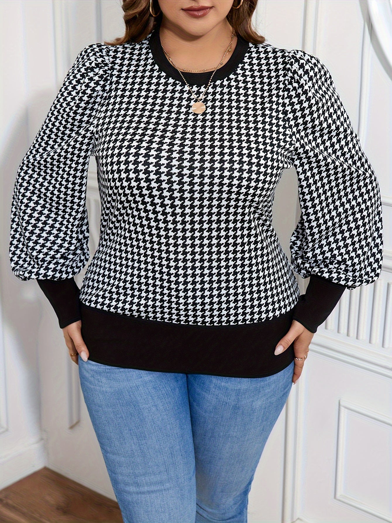 Plus Size Houndstooth T-Shirt, Casual Crew Neck Long Sleeve T-Shirt, Women's Plus Size Clothing