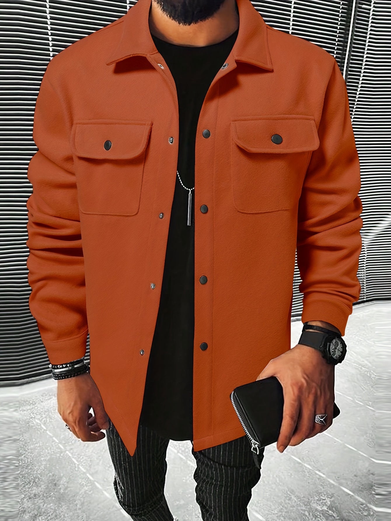 Mens Chic Flap Pocket Jacket - Stylish Button Up Design - Warm Autumn-Winter Coat for Mature Style