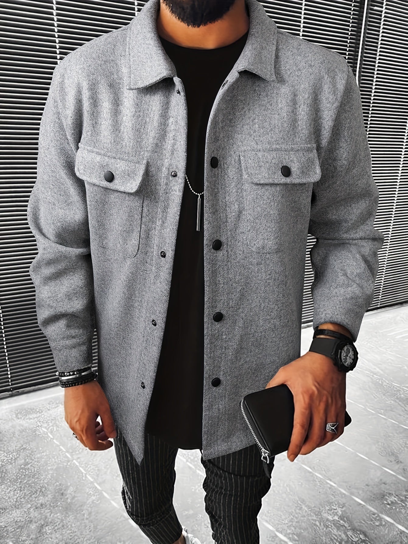 Mens Chic Flap Pocket Jacket - Stylish Button Up Design - Warm Autumn-Winter Coat for Mature Style