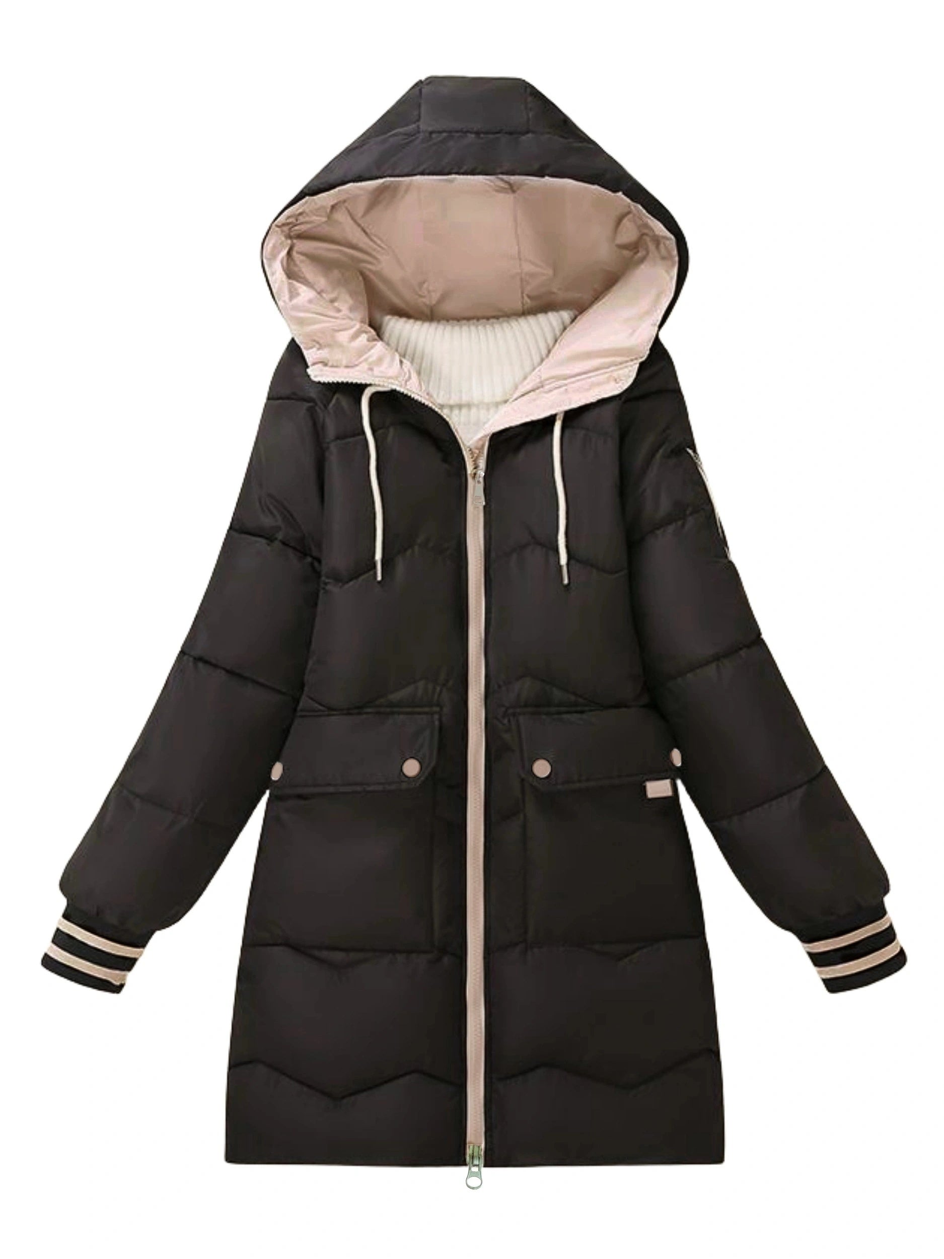 Warm & Stylish Women's Color Block Hooded Coat - Casual Midi Outerwear with Easy Machine Wash Care