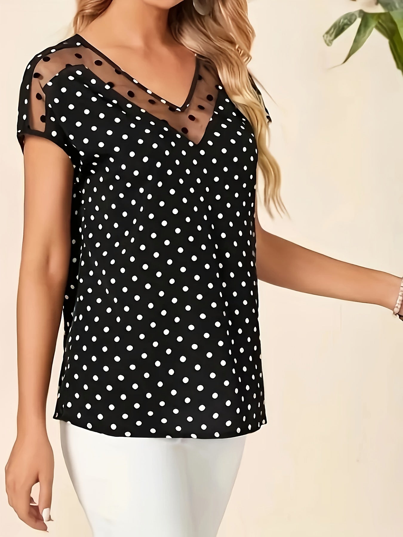 Polka-dot Pattern Mesh Splicing Blouse, Vintage V-neck Short Sleeve Loose Blouse For Spring & Fall, Women's Clothing