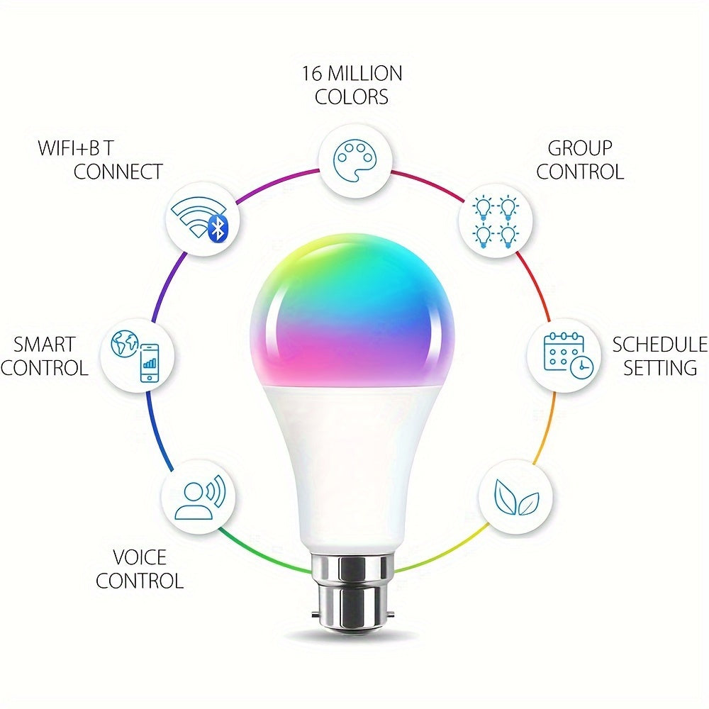 1PCS B22 LED WiFi Smart Light Bulb, RGB Smart Bulbs, 10W B22 Tuya APP Bulbs, Dimmable 16 Million Colours Changing Light Bulbs BT Control, 10W B22 Smart Tuya Bulbs Seting Timers, Scene And Music Sync, Voice Control