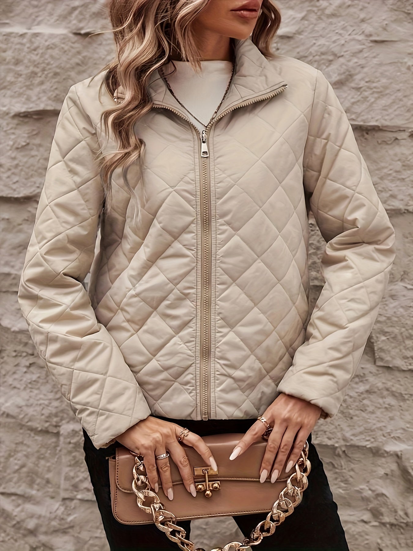 Zip Up Quilted Warm Coat, Versatile Solid Color Long Sleeve Coat For Fall & Winter, Women's Clothing