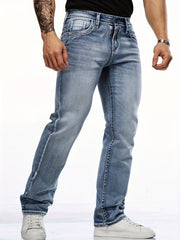 Men's Classic Stretch Denim Jeans With Embroidered Design, Regular Fit Four-Season Wear With Pockets, Suitable For Adults