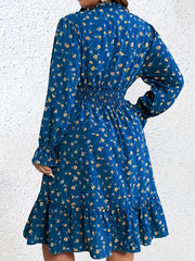 Plus Size Womens Flattering Smock Dress - Eye-Catching Ditsy Print with Lantern Sleeves, V Neck & Defined Waist - Ultra-Comfortable Casual Style