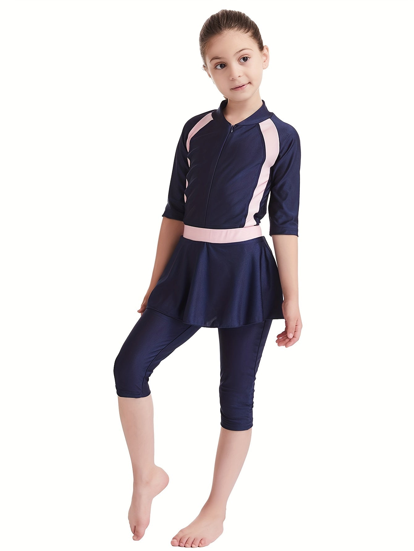 Girls Swimsuit Set, Long Sleeve And Pants Swimwear With Detachable Skirt And Cap, Sporty Style Beachwear