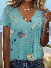 Plus Size Floral Print T-Shirt, Casual Short Sleeve V Neck T-Shirt, Women's Plus Size Clothing