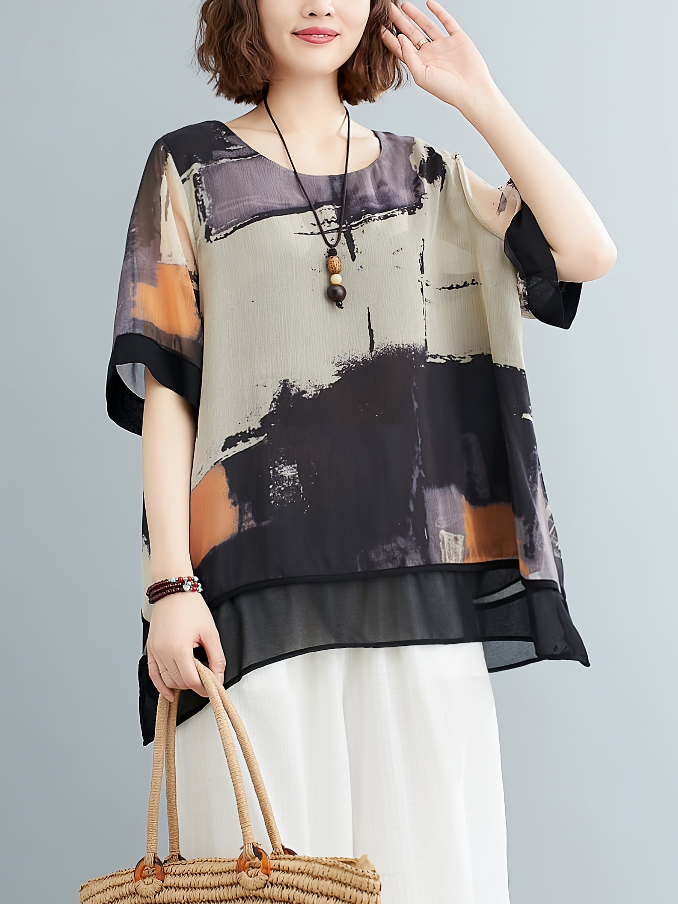 Abstract Print Crew Neck Blouse, Casual Short Sleeve Asymmetric Hem Top For Spring & Summer, Women's Clothing