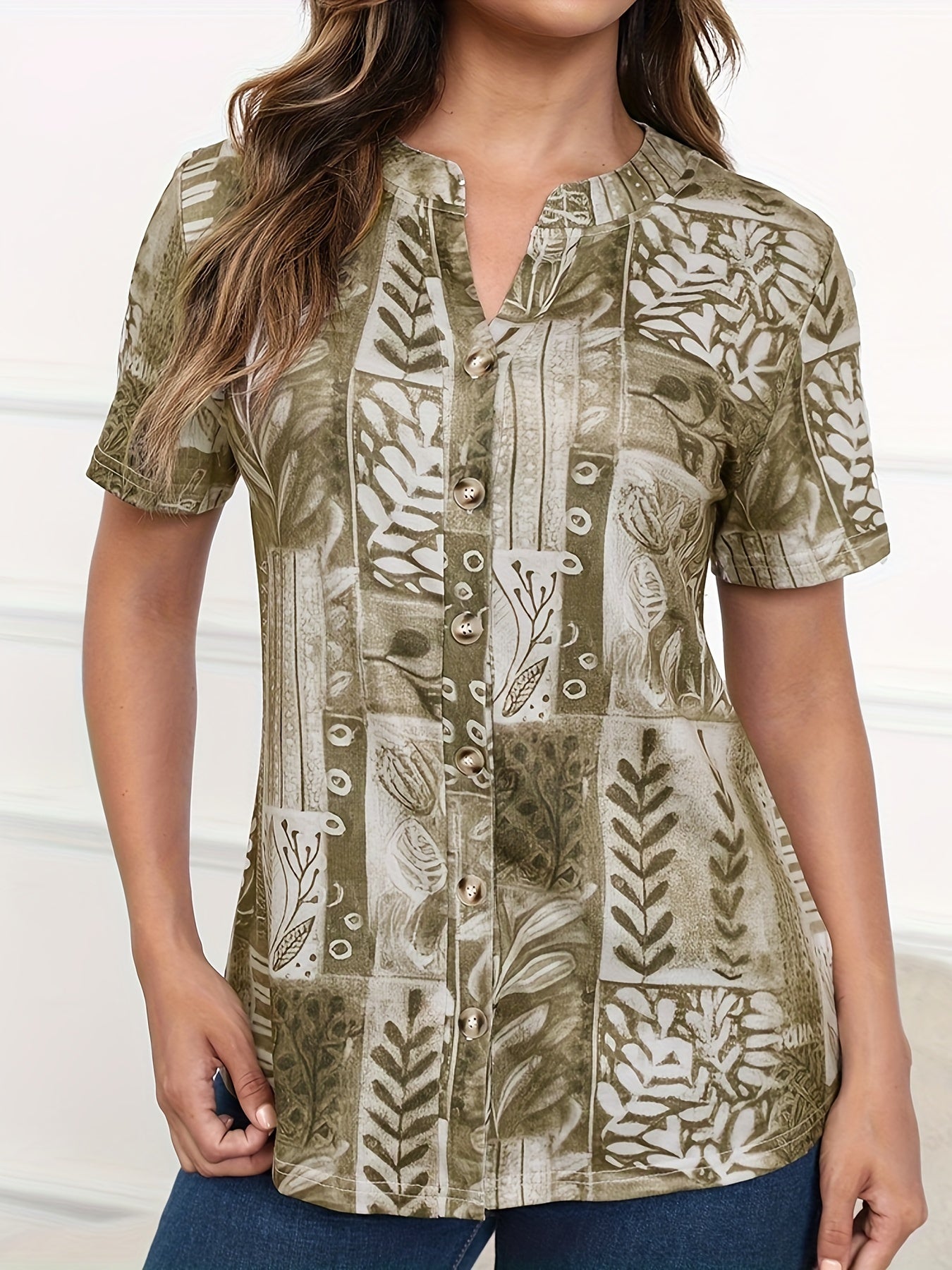 Floral Print Button Front Shirt, Elegant Short Sleeve Top For Spring & Summer, Women's Clothing