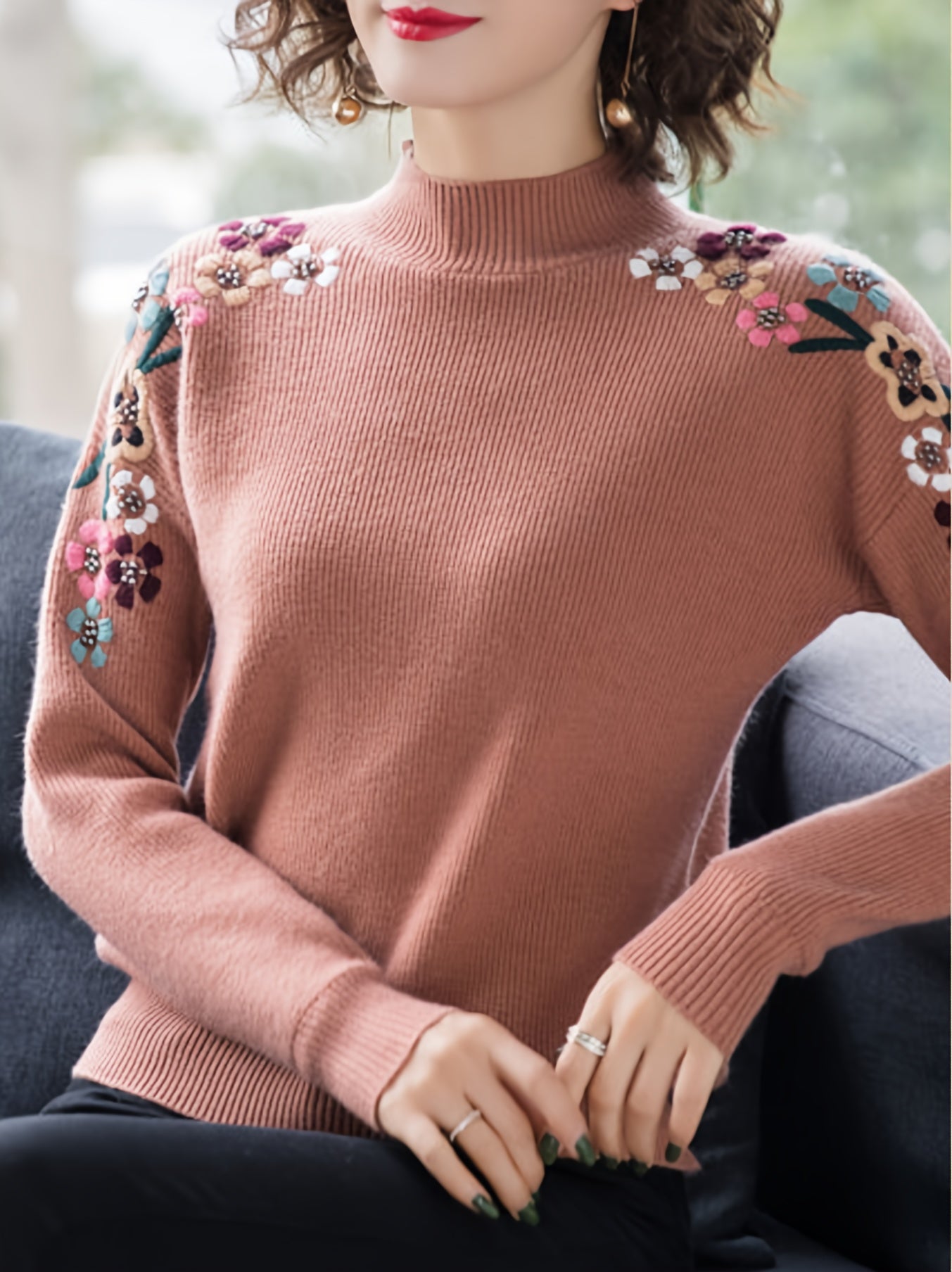 Floral Pattern Mock Neck Knit Sweater, Casual Long Sleeve Pullover Sweater, Women's Clothing