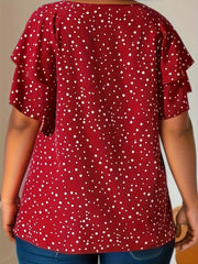 Plus Size Dot Print Top - Delicately Layered, Ruffle Trim, Crew Neck, Short Sleeve, Casual - Ideal for Warm Weather, Designed for Women with Curvy Figures