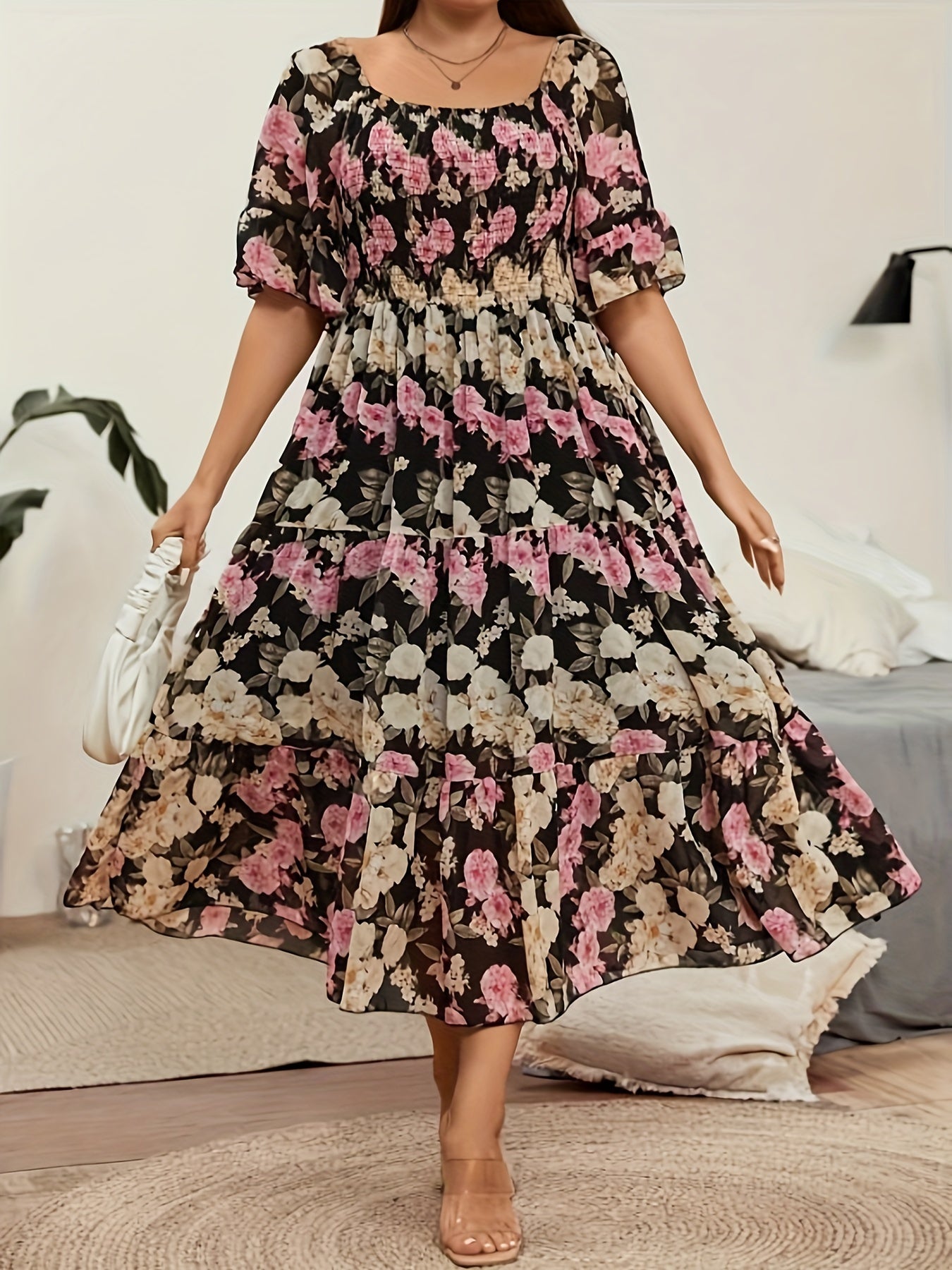 Plus Size Romantic Dress, Women's Plus Floral Print Shirred Butterfly Sleeve Square Neck Smock Maxi Dress