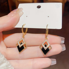 Double Rhombus Shape Shiny Zircon Inlaid Dangle Earrings Elegant Simple Style Zinc Alloy Jewelry Daily Casual