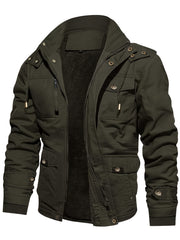 Men's Casual Warm Fleece Lined Cargo Jacket, Chic Multi Pocket Jacket For Fall Winter