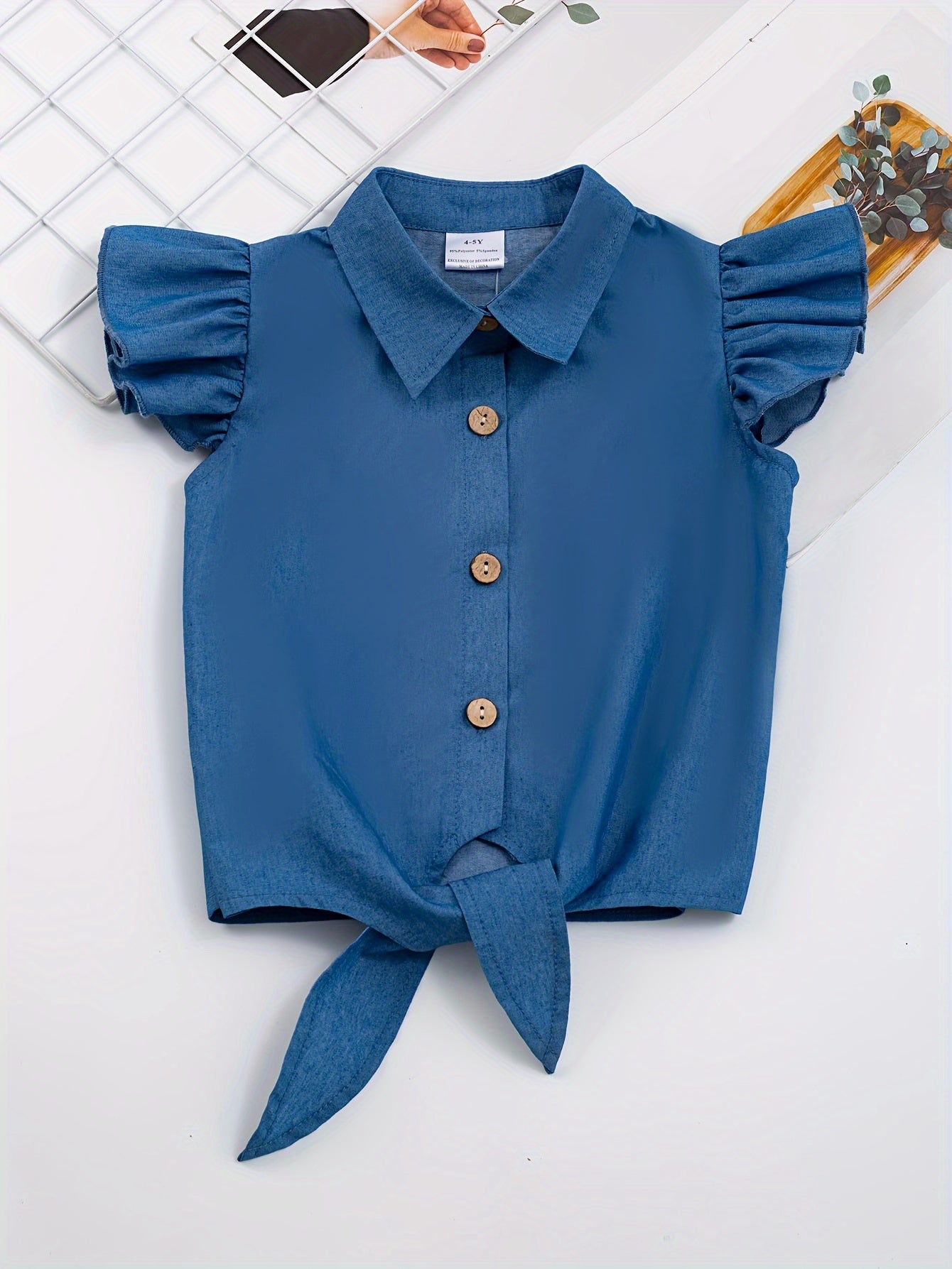 Girls Casual Tie Knot Blouse Top, Button Design Flutter Sleeve Shirt For Spring And Summer