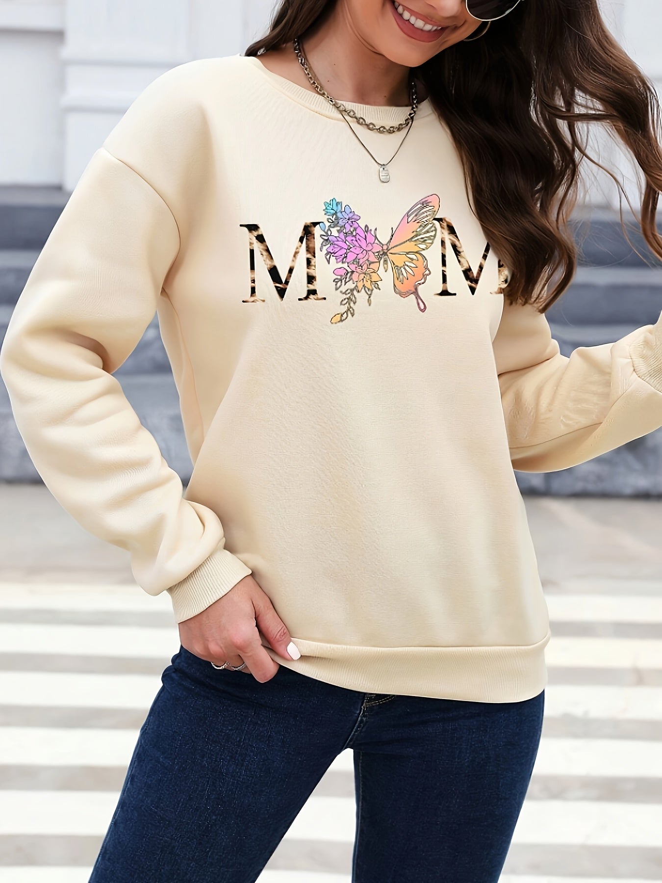 Butterfly typography Print Womens Pullover Sweatshirt - Fashionable Casual Style with Comfortable Long Sleeves & Classic Crew Neck - Premium Quality Everyday Wear - Trendy Womens Clothing