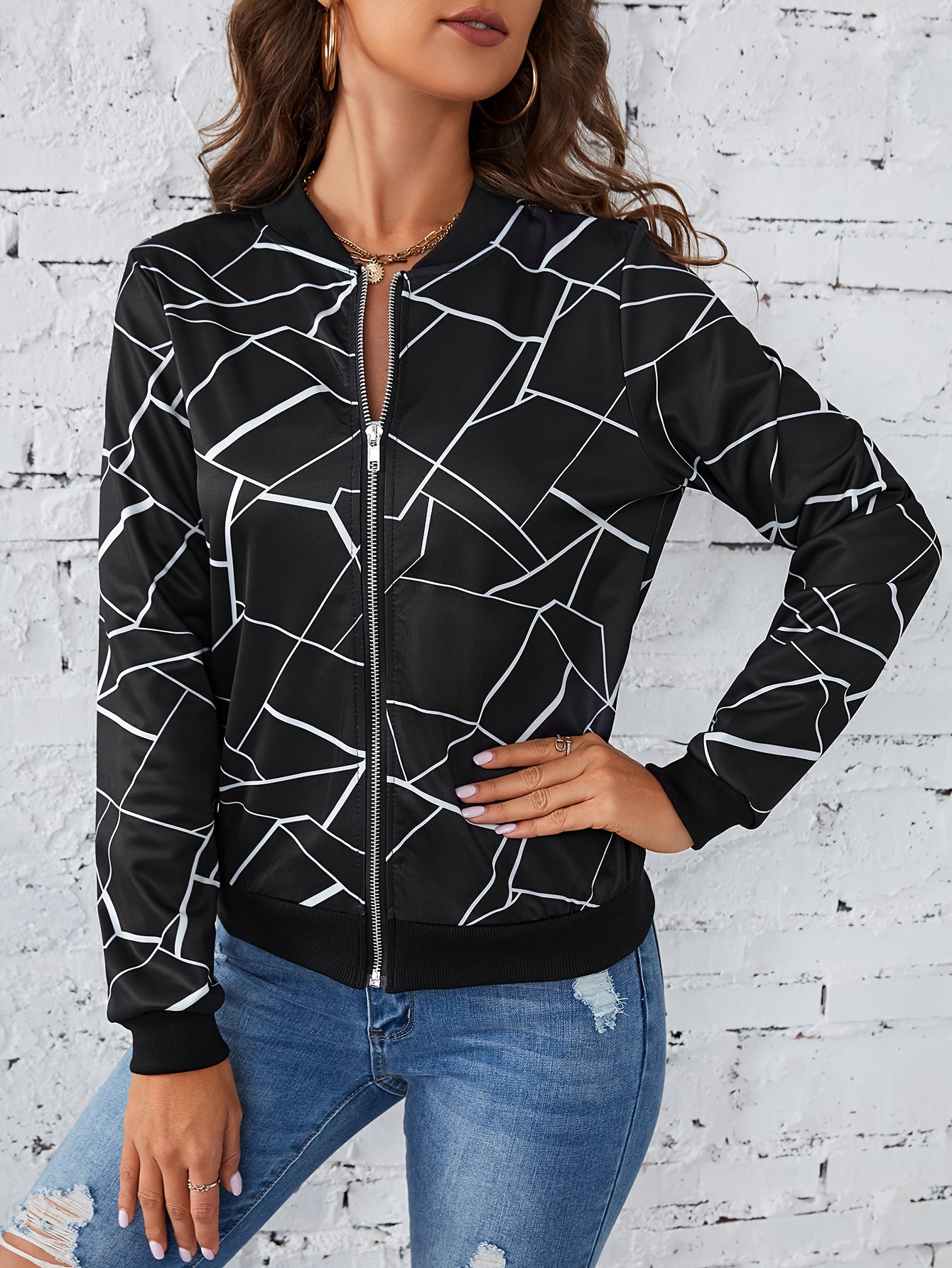 Geo Print Zipper Front Bomber Jacket - Long Sleeve, Baseball Collar, Rib-Knit, Micro Elasticity, Polyester, Random Geometric Pattern, Casual Style, Fall/Winter Wear, No Sheer - Womens Clothing for Spring and Fall Seasons