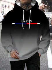 Men's Gradient Color Paris Graphic Print Hoodie With Kangaroo Pocket, Casual Long Sleeve Hooded Sweatshirt For Outdoor