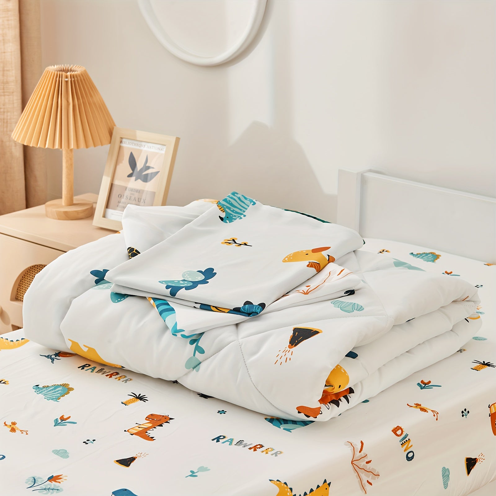 4pcs Dinosaur Bedding Set, Including 1 Comforter, 1 Fitted Sheet, 1 Flat Sheet And 1 Reversible Pillowcase, For Room Decor