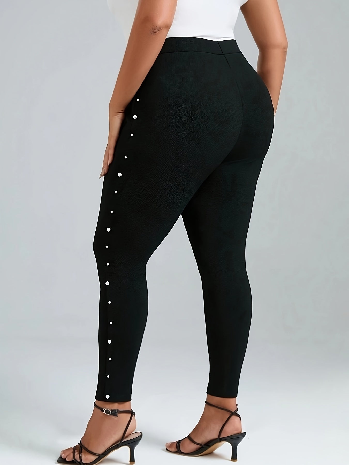 Plus Size Solid Beaded Skinny Leggings, Elegant High Waist Leggings For Spring & Summer, Women's Plus Size Clothing