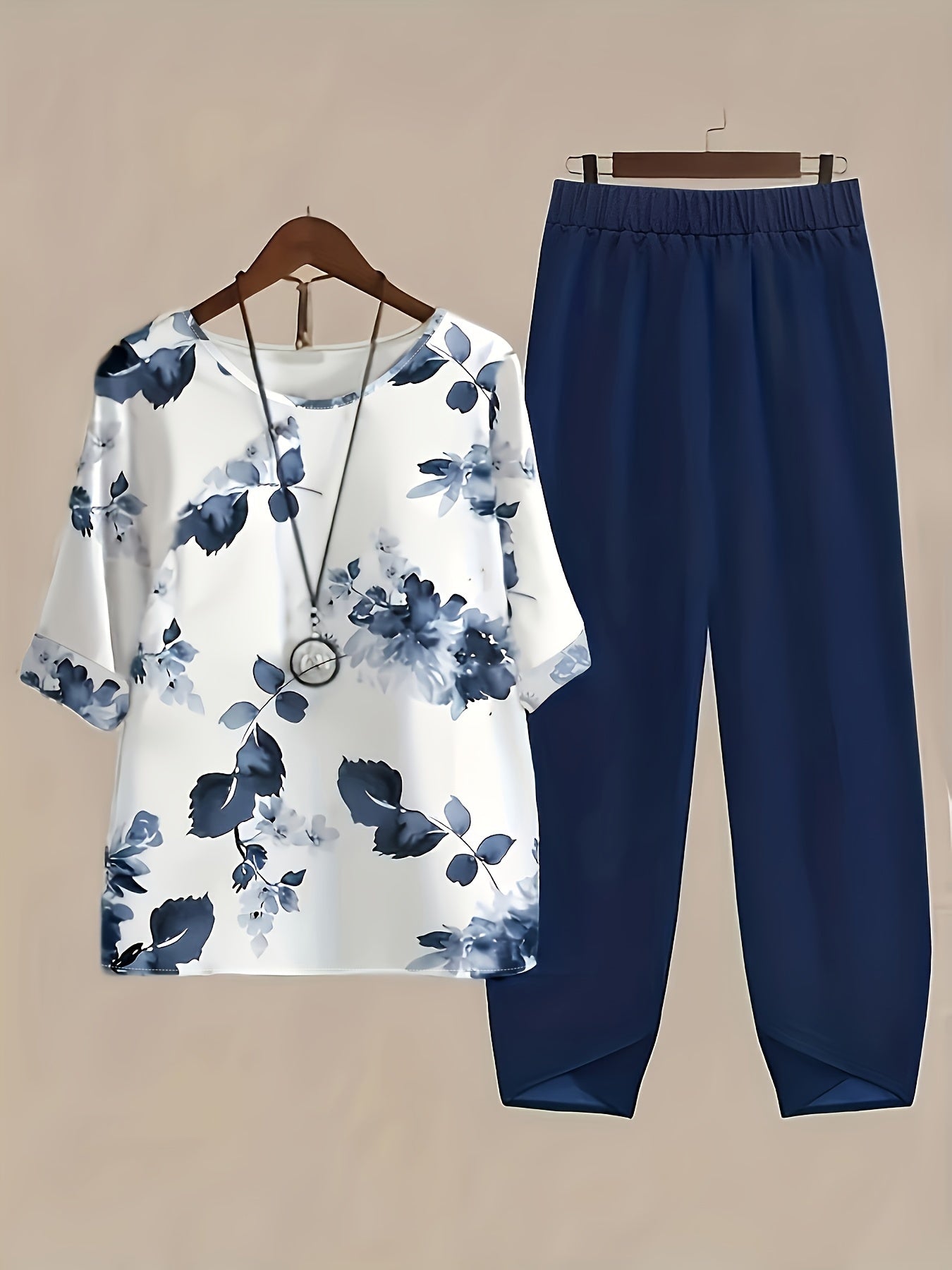 Elegant Two-piece Set, Floral Print Short Sleeve Blouse & Solid Elastic Waist Loose Pants Outfits, Women's Clothing