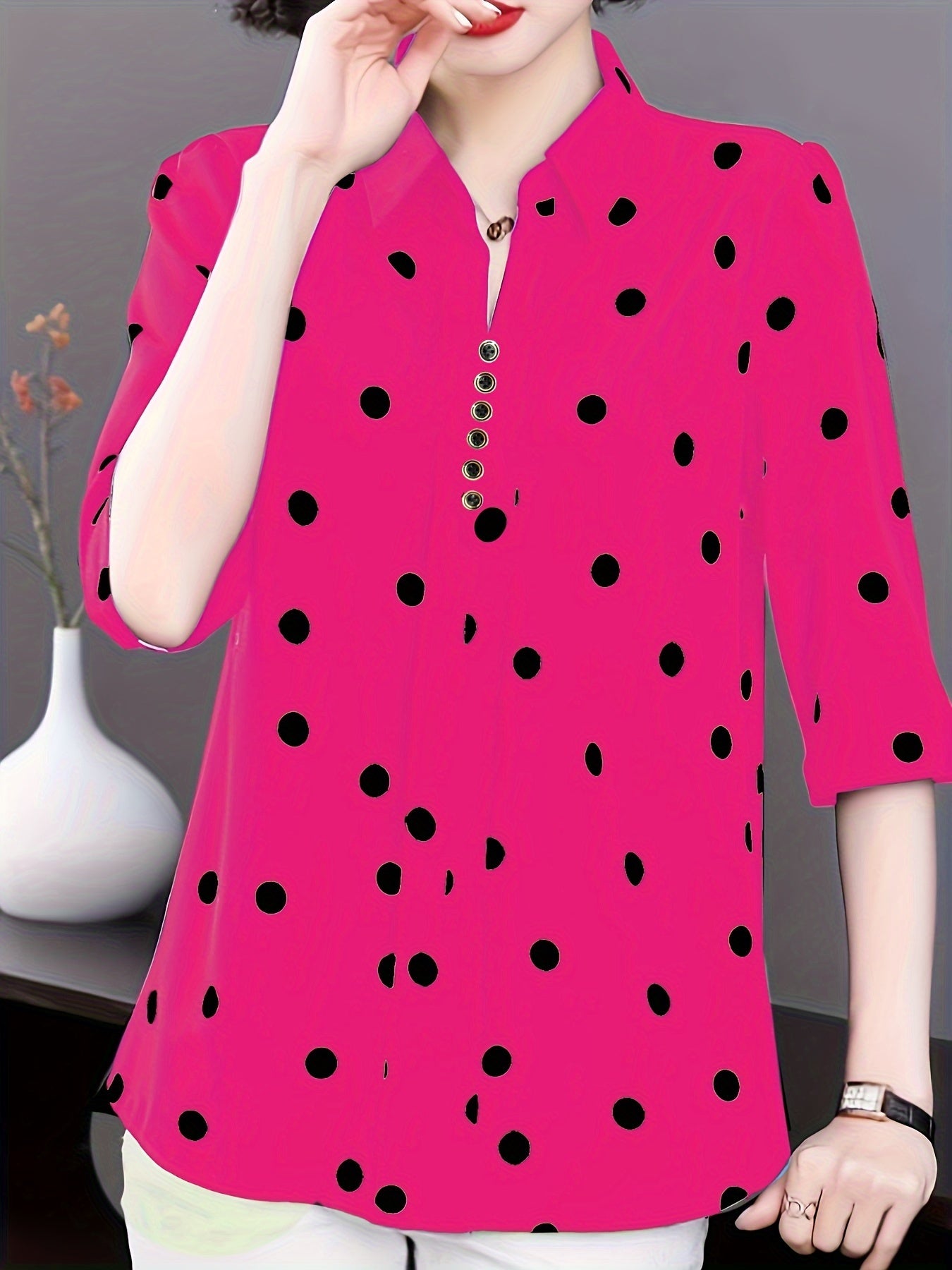 Polka Dot Print Lapel Blouse, Casual Half Sleeve Top For Spring & Summer, Women's Clothing