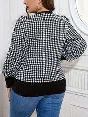 Plus Size Houndstooth T-Shirt, Casual Crew Neck Long Sleeve T-Shirt, Women's Plus Size Clothing