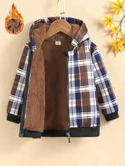 Boys Casual Plaid Fleece Lined Zip Up Hooded Jacket, Boys Clothes For Fall Winter