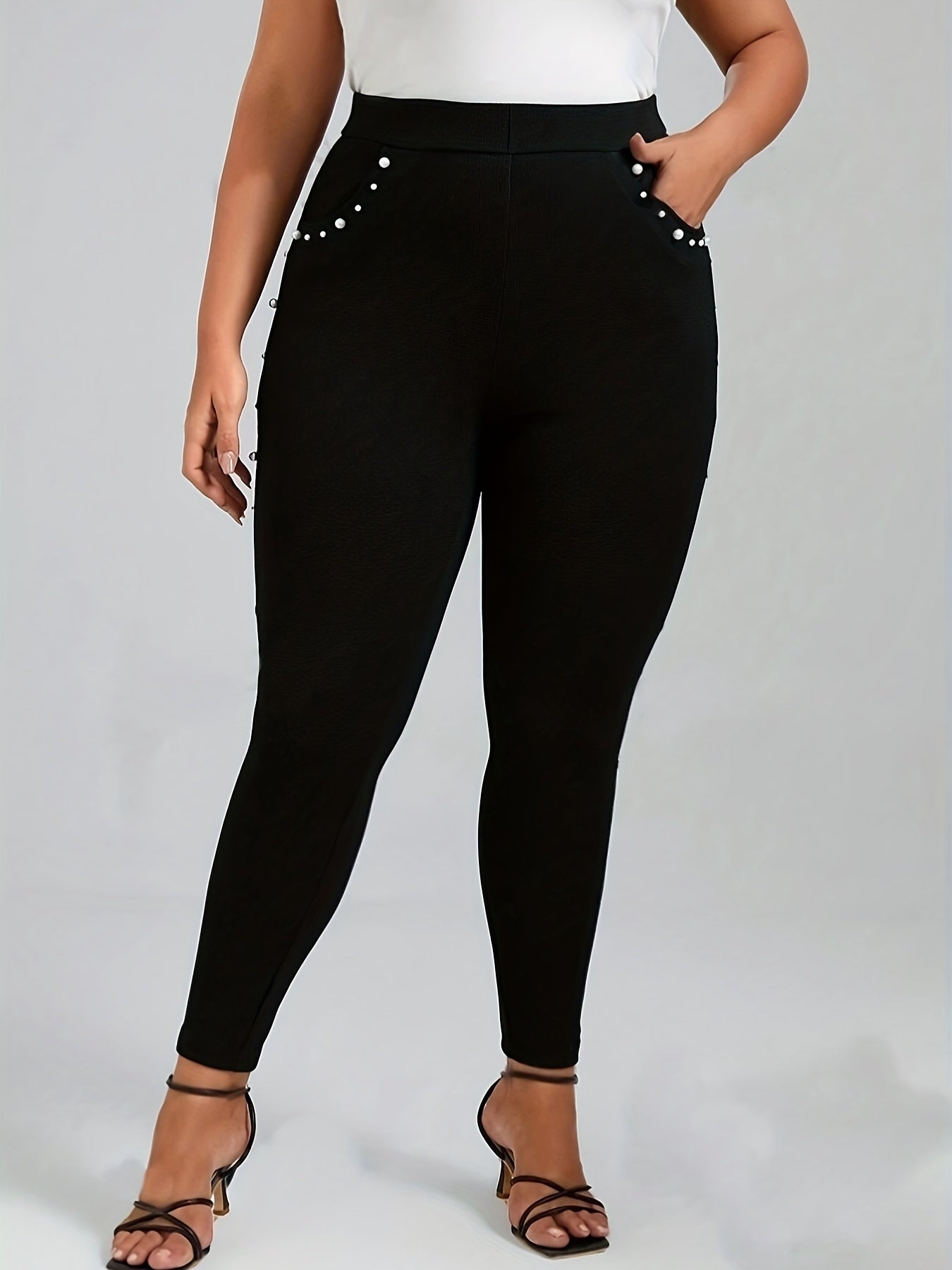 Plus Size Solid Beaded Skinny Leggings, Elegant High Waist Leggings For Spring & Summer, Women's Plus Size Clothing