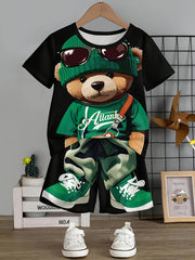 Boy's 2-piece Casual Co Ord Set, Cool Bear Print Versatile Short Sleeve Tee And Shorts, Comfy Summer Clothes