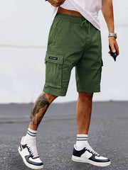 Casual Solid Men's Regular Fit Elastic Waist Cargo Shorts With Side Pockets For Summer Outdoor Leisure And Work