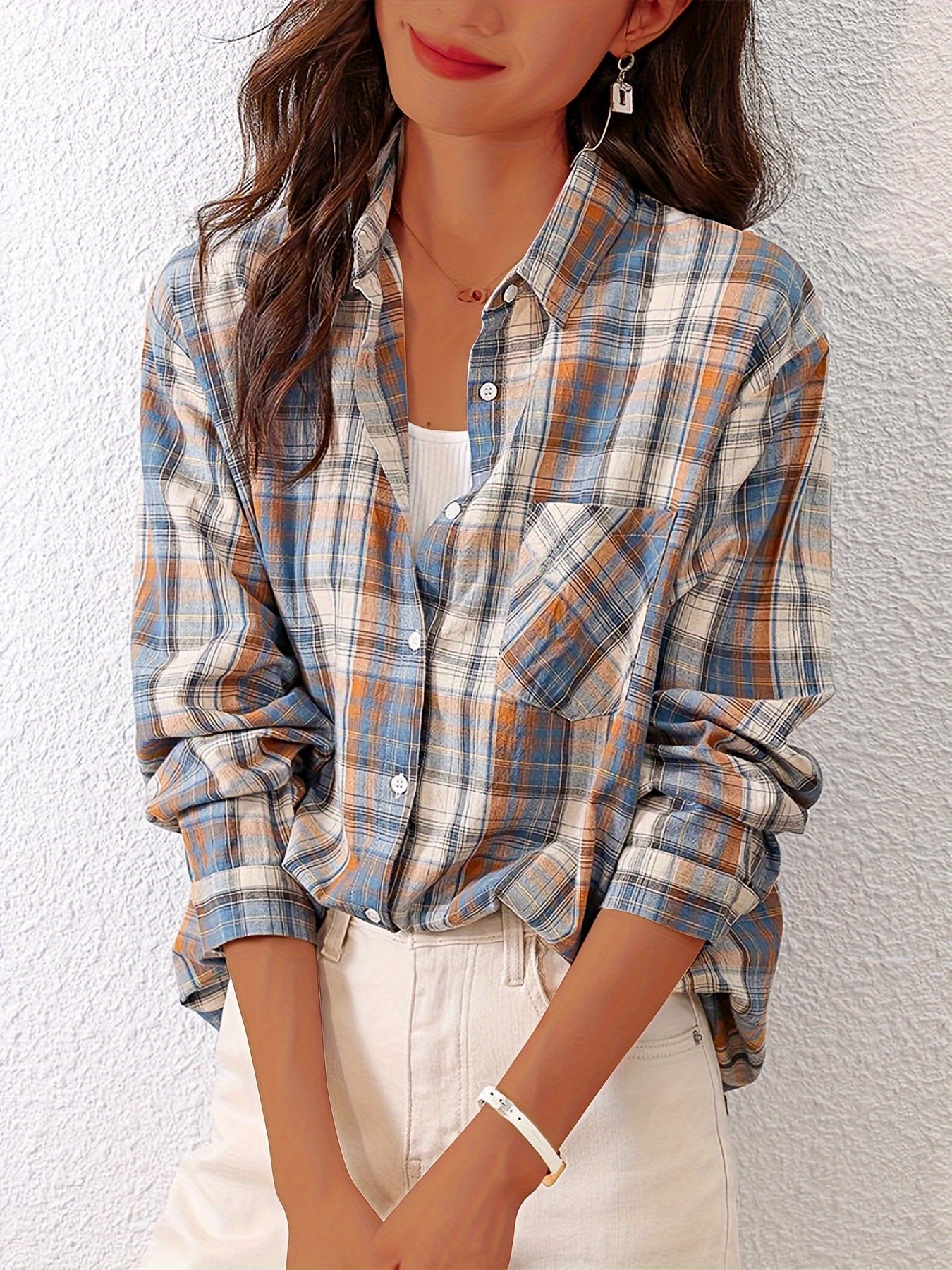 Button Up Plaid Shirt, Casual Pocket Shirt, Women's Clothing