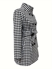 Houndstooth Pattern Double Breasted Overcoat, Elegant Strand Collar Long Sleeve Belted Outwear For Fall & Winter, Women's Clothing