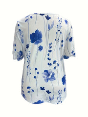 Plus Size Floral Print T-Shirt, Casual Short Sleeve V Neck T-Shirt, Women's Plus Size Clothing