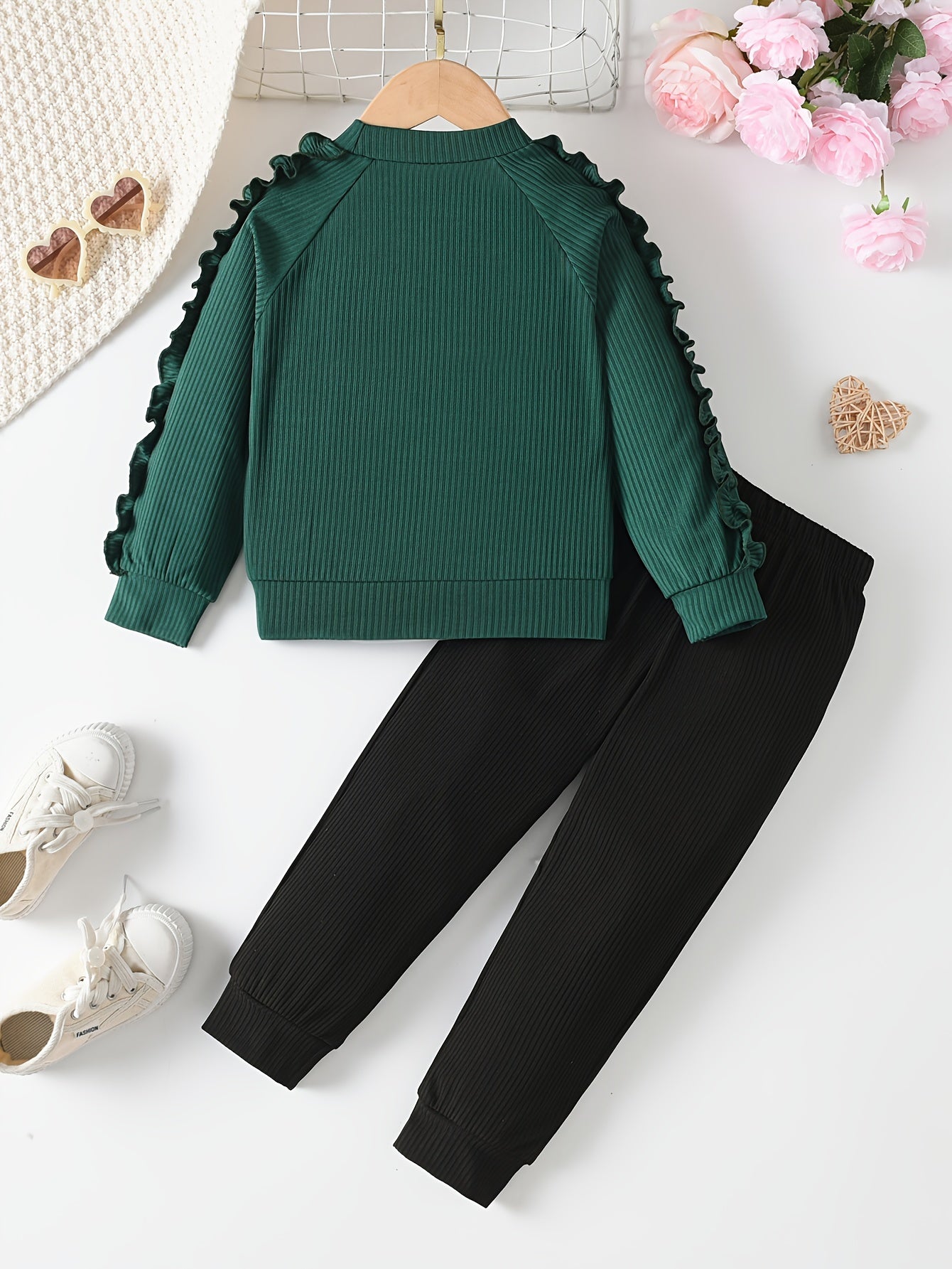 Girls 2Pcs, Chic Frilled Long Sleeve Heart Graphic Pullover Top + Pants Casual Set, Cute Girls Spring Fall Clothes