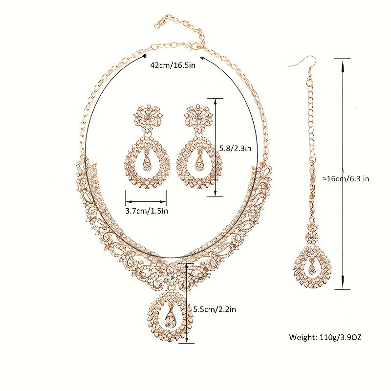 Luxury Accessories Exaggerated Vintage Earrings & Necklace Jewelry Set, Women's Luxury Crystal Party Dress Accessories Clavicle Chain