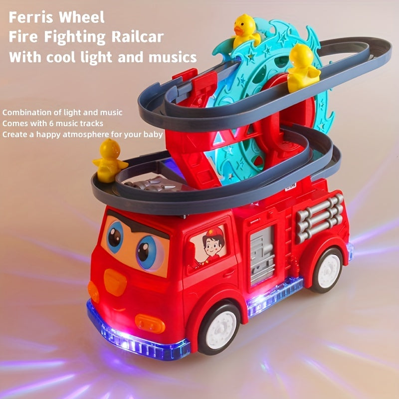 Children's Electric Universal Track Fire Truck, Duck Slide Track Ferris Wheel Fire Truck With Lights And Music