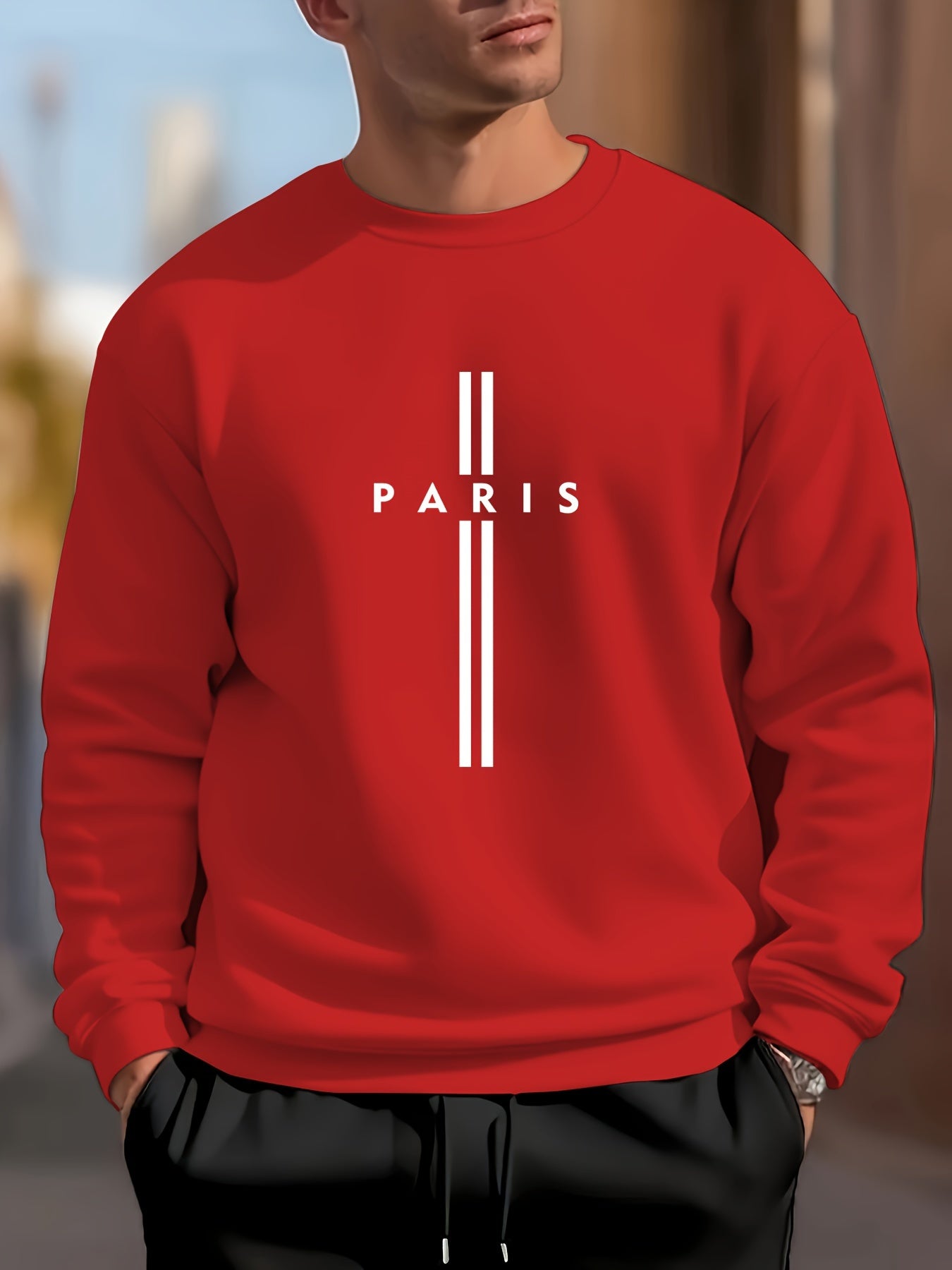 PARIS Letter Print Men's Crew Neck Long Sleeve Sweatshirt, Trendy Pullover Sweatshirt, Casual Comfy Versatile Top For Spring & Autumn, Outdoor Sports