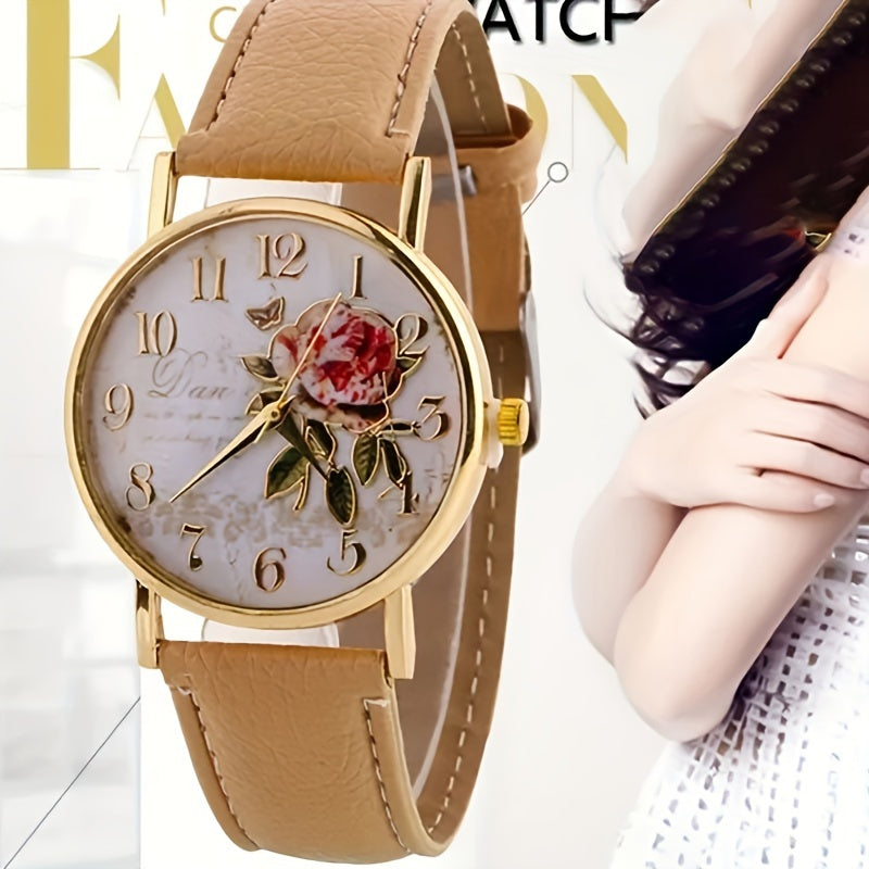 Elegant Rose Flower Embellished Quartz Wristwatch - Fashionable Casual Design - Perfect Gift for Special Occasions