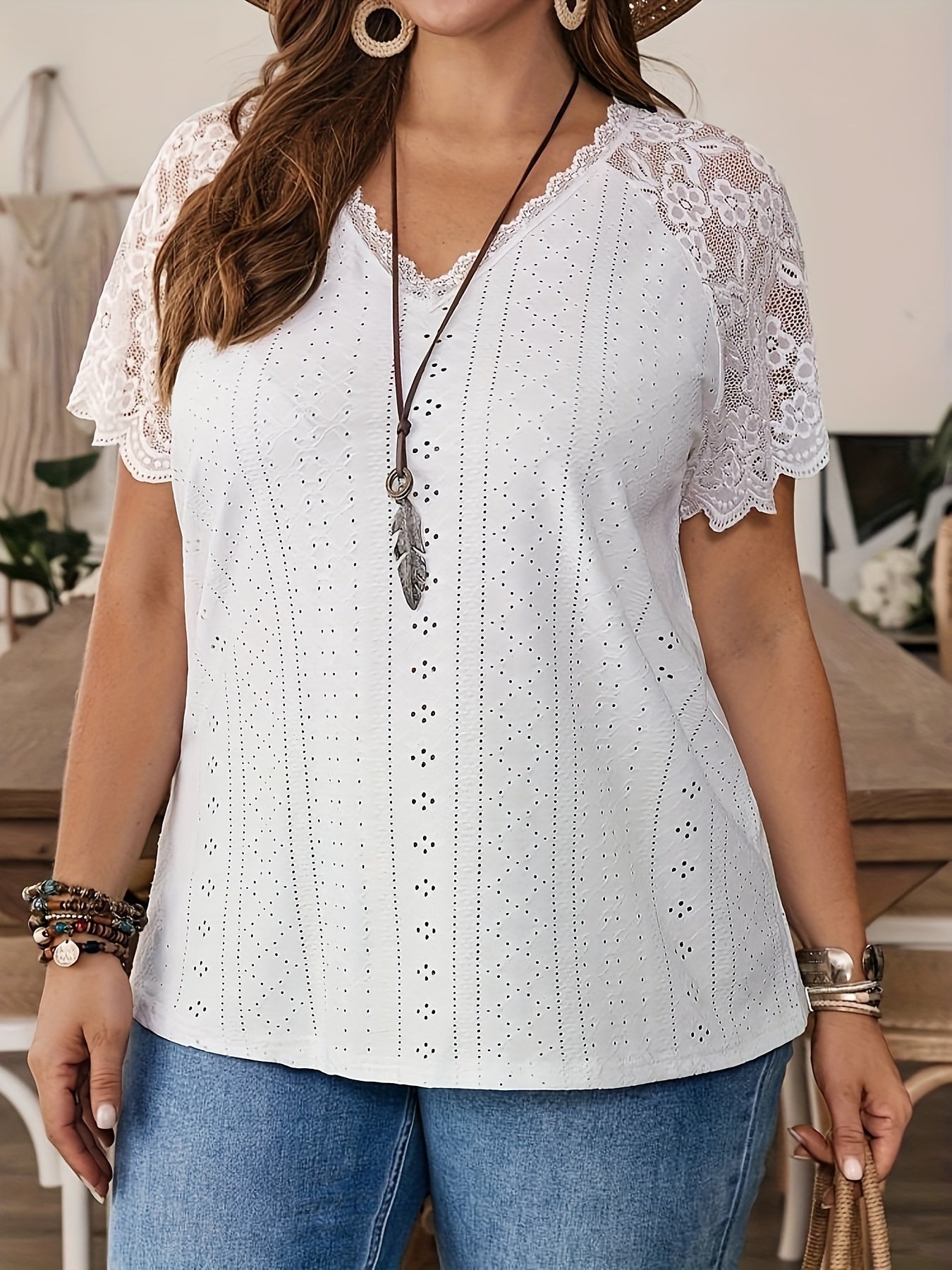 Plus Size Solid Eyelet Cutout Lace Stitching T-shirt, Elegant Short Sleeve V Neck Top For Spring & Summer, Women's Plus Size Clothing