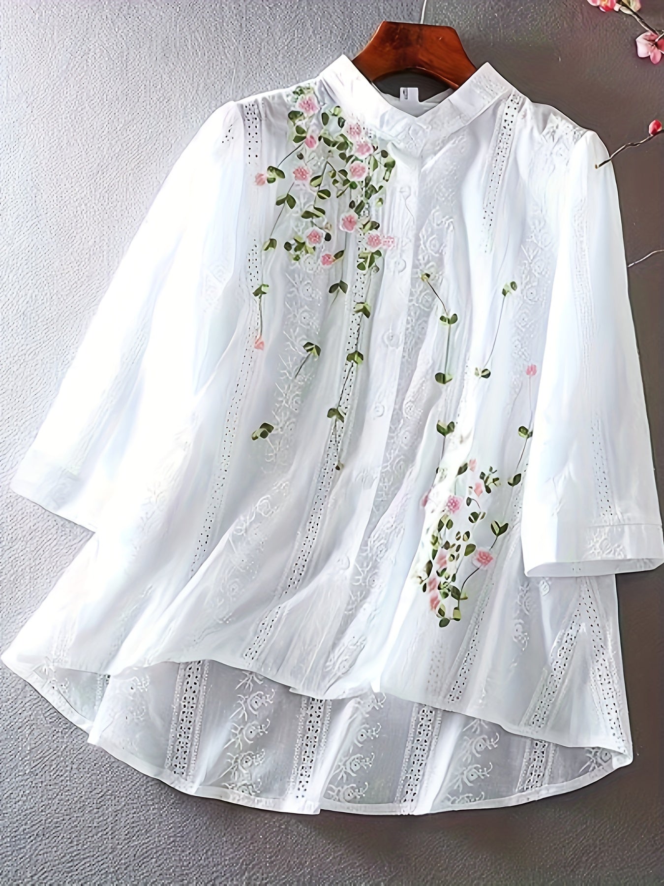 Floral Embroidered Button Front Blouse, Vintage Eyelet Blouse For Spring & Fall, Women's Clothing