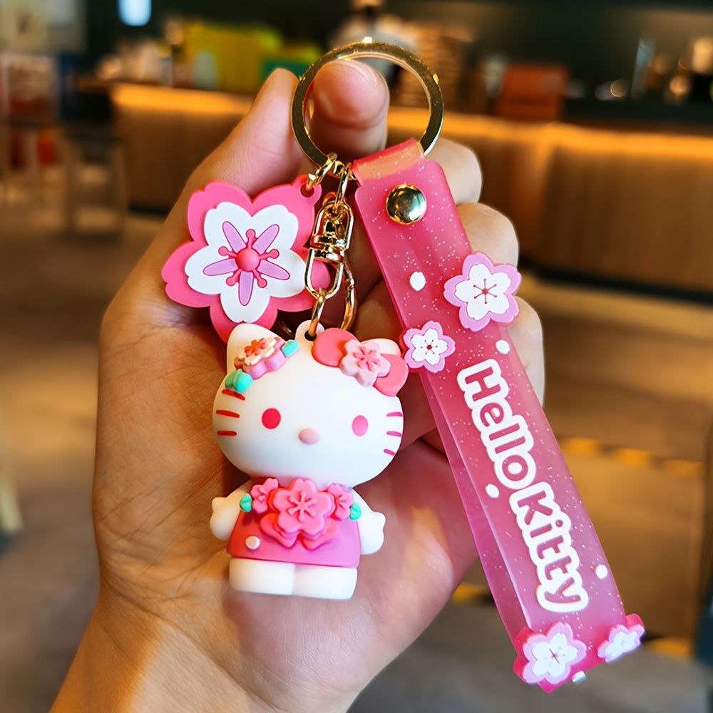 Sanrio Hello Kitty Sakura Pink Doll Keychain With Floral Charm, Cute Cartoon Durable Pendant For Men