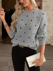 Polka Dot Knit Sweater - Relaxed Fit Casual Long Sleeve Crew Neck Sweater for Women, Perfect for Everyday Wear, Womens Clothing