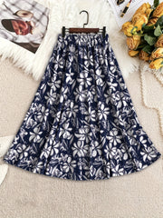 Chic Floral Print Midi Skirt With Elastic Waistband - Stretchy, Machine Washable Polyester Blend For Women - Perfect For All Seasons Skirts For Women Clothes For Women