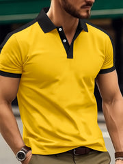 Mens Short Sleeve Solid Color Regular Fit V-Neck Golf Shirt - Breathable Cotton Knit Fabric with Slight Stretch, Button Details, and Lapel Collar Style - Perfect for Summer Casual Sports Wear