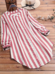 Striped Button Front Shirt, Casual Long Sleeve Curved Hem Shirt, Women's Clothing